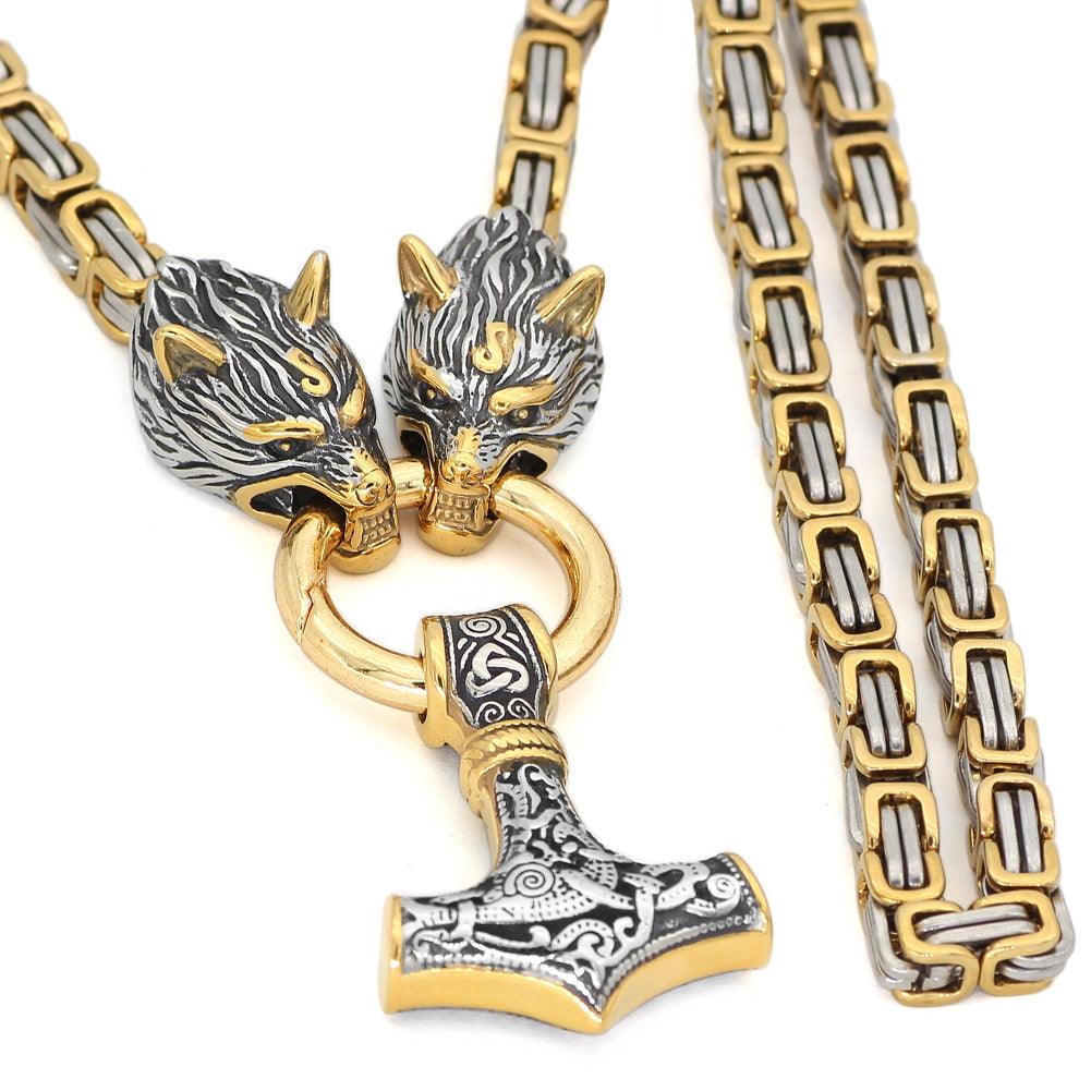 Gold and Silver Mammen Thor Hammer with Wolf Kings Chain (TH005) - Viking Merch