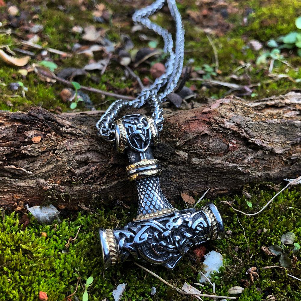 Viking Necklace - Thor's Hammer with Fenrir Sun-Eater Wolf in Steel